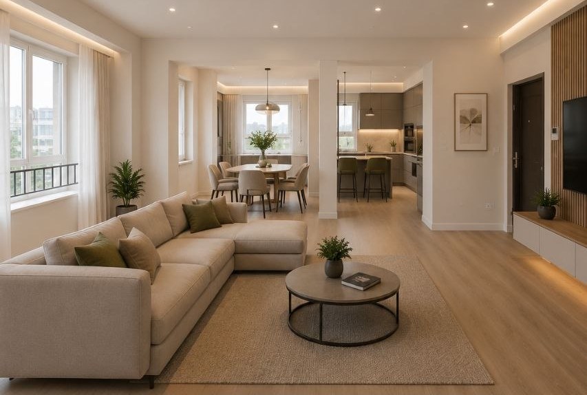 The same rooms after the work: finished living room, dining area and kitchen